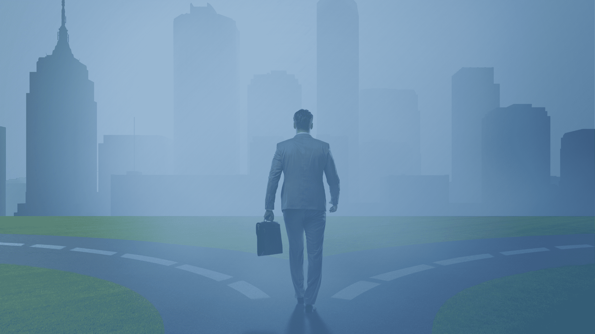 A businessman at a crossroads (with a city in the background) figuring out which path will grant him the most control