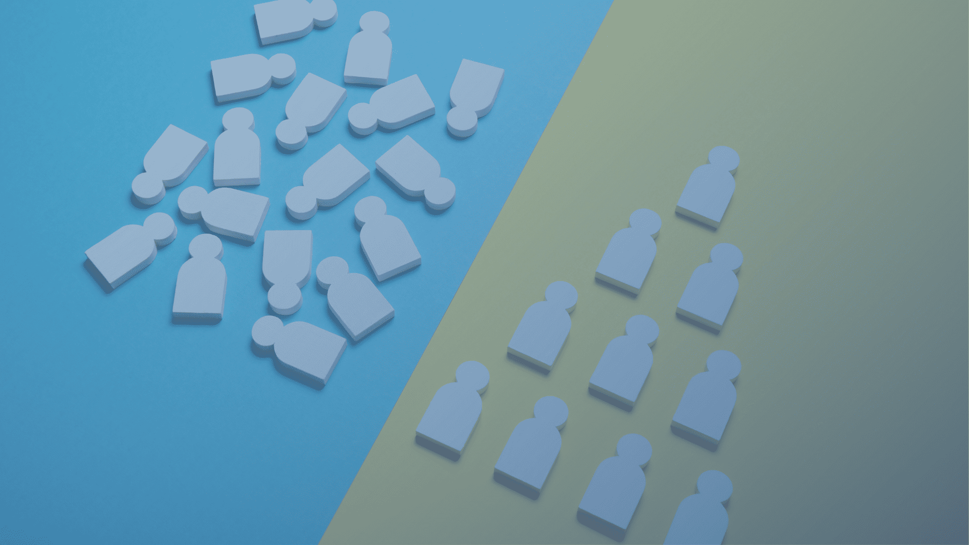 Disorganized figurines on one half and figurines organized hierarchically to show that an organized effort (like the IBI program) is more impactful than a silo'd sales rep